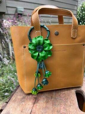 Green Flower Purse Charm Genuine Leather Beautiful Green Flowery Bag Charm